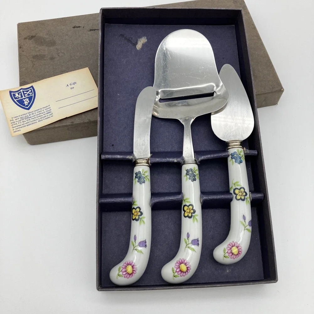 House of Prill Cheese Server Set 3-Pc Vintage Floral Porcelain Handles White